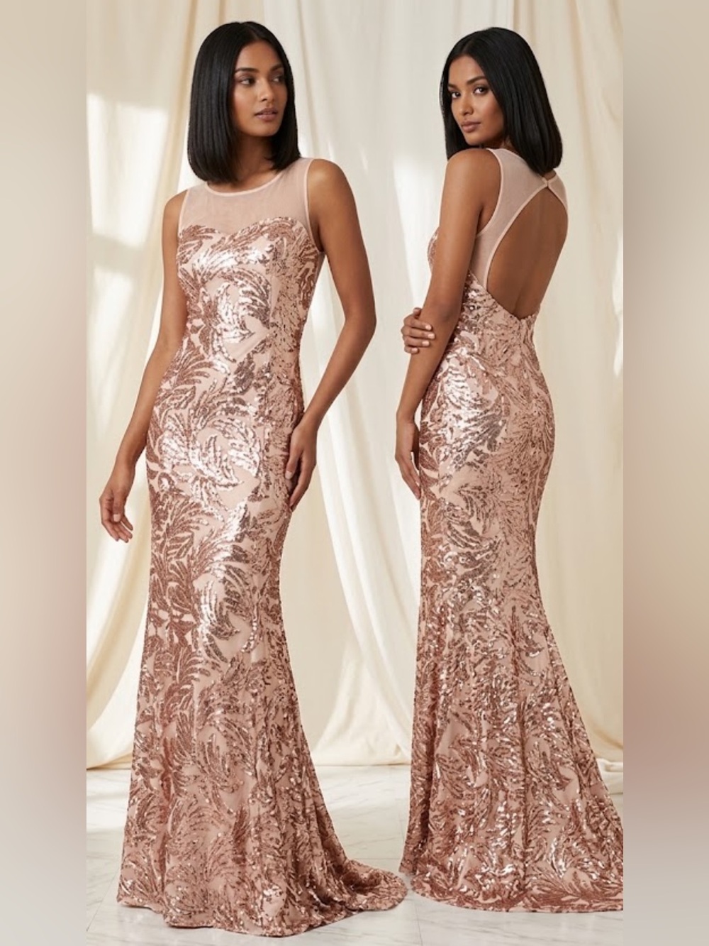 Adrianna-Papell sequins low back rose gold sleeveless long gown - Picture 2 of 9